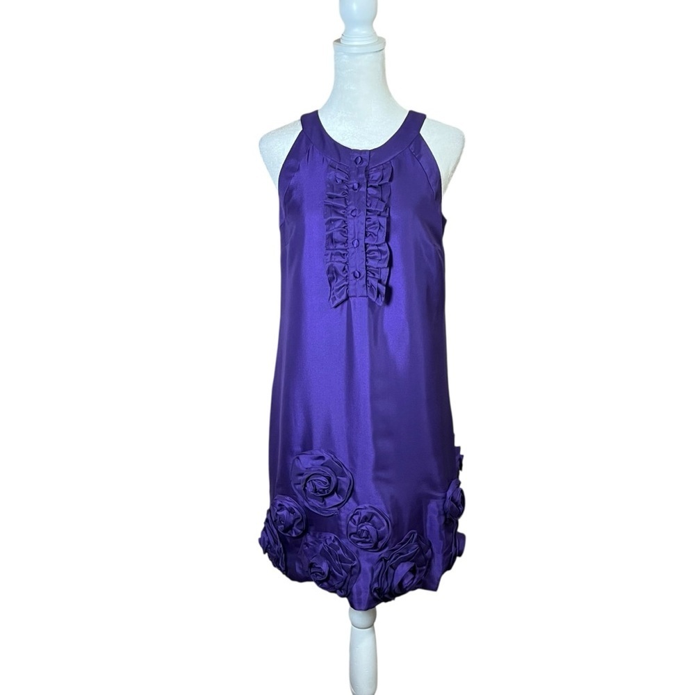 CYNTHIA STEFFE Purple Cocktail Dress Floral Appliqués Sz 0 Sleeveless USA Made